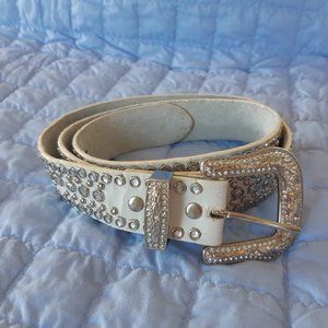 White Leather Rhinestone Belt